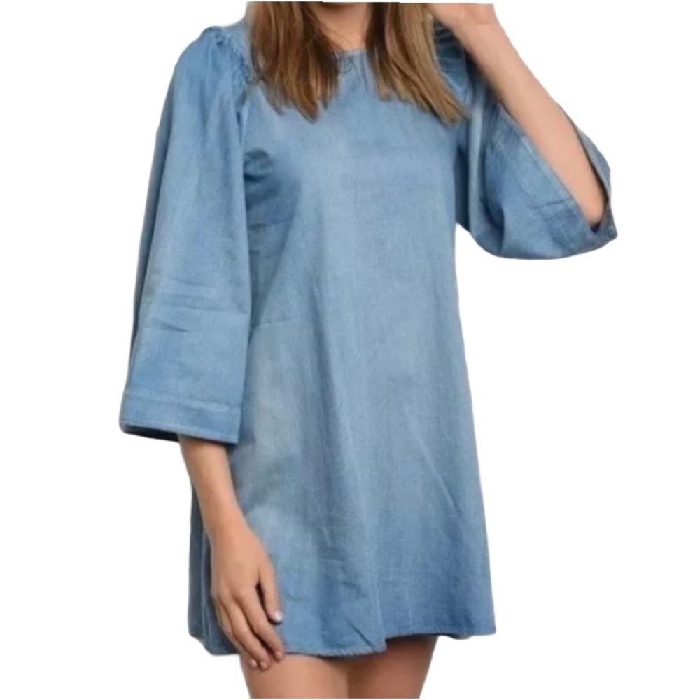 Very J Dress Blue Chambray Bell Sleeve Mini Tunic